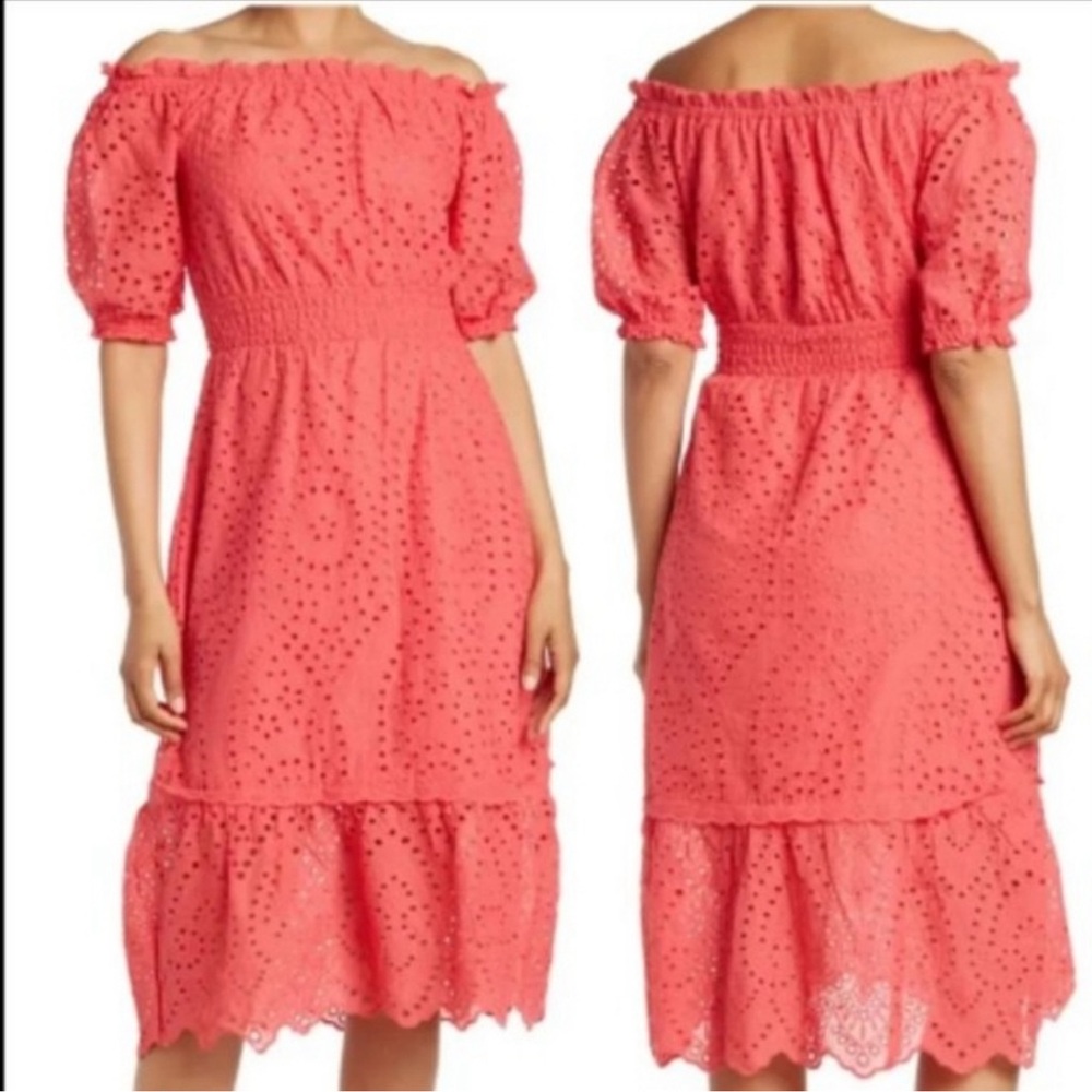 Betsey Johnson Midi Dress Women's XS Eyelet Off The Shoulder Coral Pink